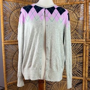 Excellent 100% supina cotton Lands’ End argyle cardigan sweater, size L (14-16)